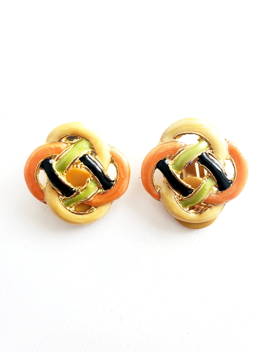 Gold-Tone Enamel Knot Clip-On Earrings in Orange, Yellow & Green